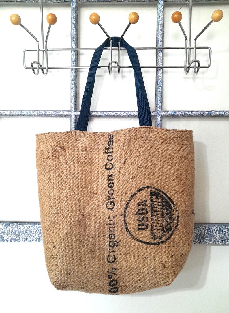 A burlap coffee sack tote bag.