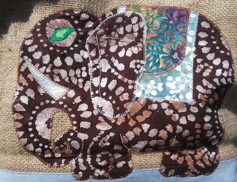 Large elephant bag in repurposed burlap from a coffee shipping sack