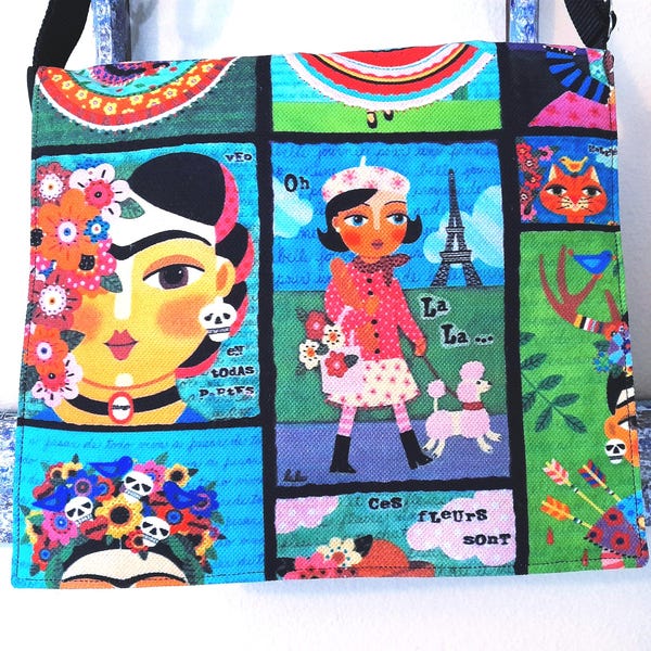 Large crossbody purse, summer colors cross body, Mexican and French folk art