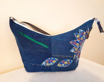 Denim zippered crossbody purse, repurposed denim cross body bag