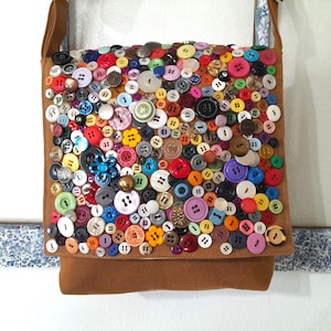 Button art purse, brown canvas cross body bag
