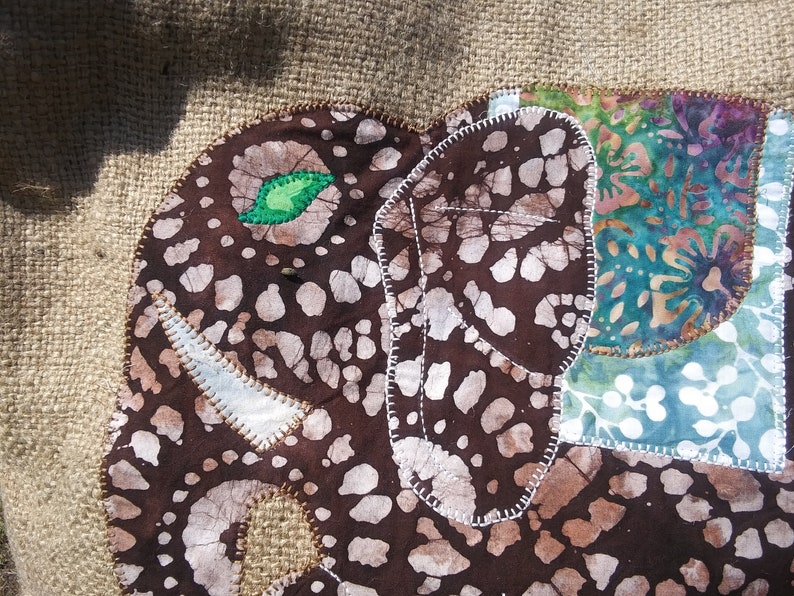 Large elephant bag in repurposed burlap from a coffee shipping sack
