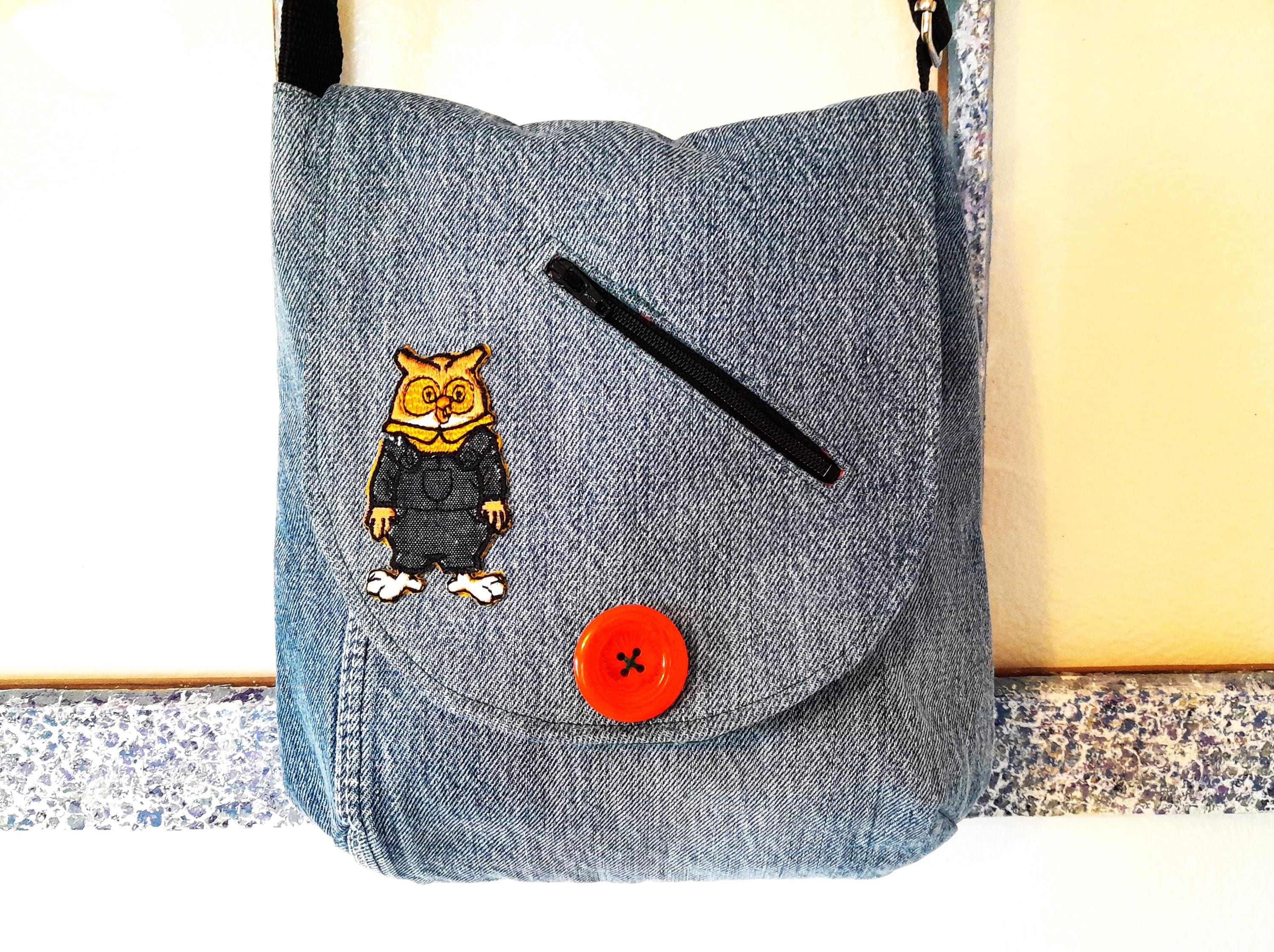 Denim owl purse, repurposed jeans crossbody bag