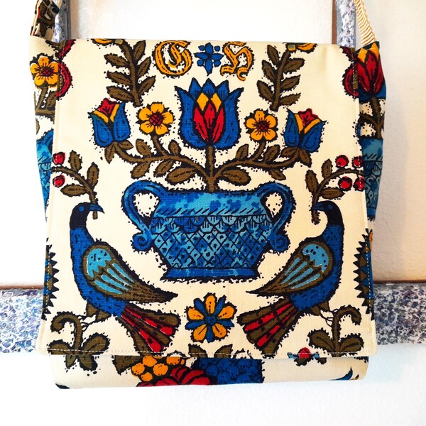 Crossbody purse in vintage fabric, novelty messenger bag