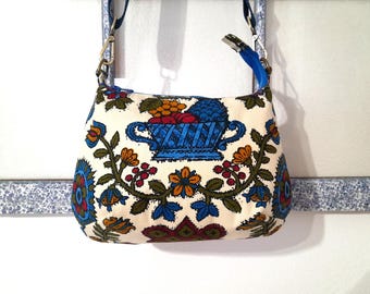 Vintage fabric cross body purse, birds crossbody bag