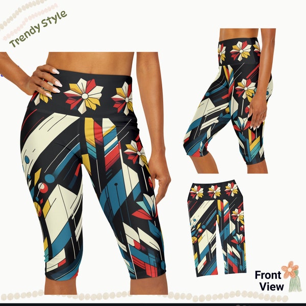 Black Abstract Pinwheel Capri Leggings - Matching Abstract Pinwheel Collection 60s 70s Athletic Dance Wear Leggings - Yoga Gym Casual Wear