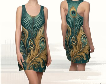 Emerald Peacock Boho Racer-Back Dress - Trendy Abstract Design Emerald Green - Trendy Stylish Bohemian Summer Cruise Vacation Holiday Dress