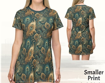 Emerald Peacock Boho TShirt jurk (kleinere print) - Trendy Boho stijl zomercruise of vakantie reisjurk - leuke strand coverup jurk