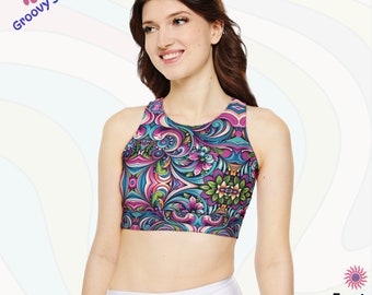 Pink Groovy Swirls Sports Bra - Retro Design 60s 70s Fun Athletic Wear - Groovy Dance Wear Racerback Bra - Perfect for Yoga Gym Casual Wear