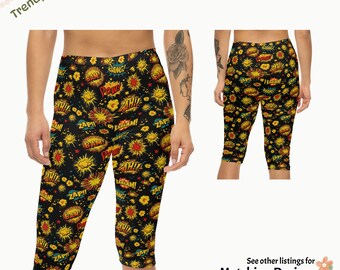 Trendy Comic Pop Art Graphic Leggings - Super Heroes Bold Cartoon AOP Leggings - Comic Con Super Heroes Action Gym Dance Workout Collection