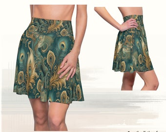 Trendy Emerald Peacock Boho Skater Skirt - Stylish Bohemian Style Summer Cruise or Vacation Travel Skirt - Unique Design Perfect for Her