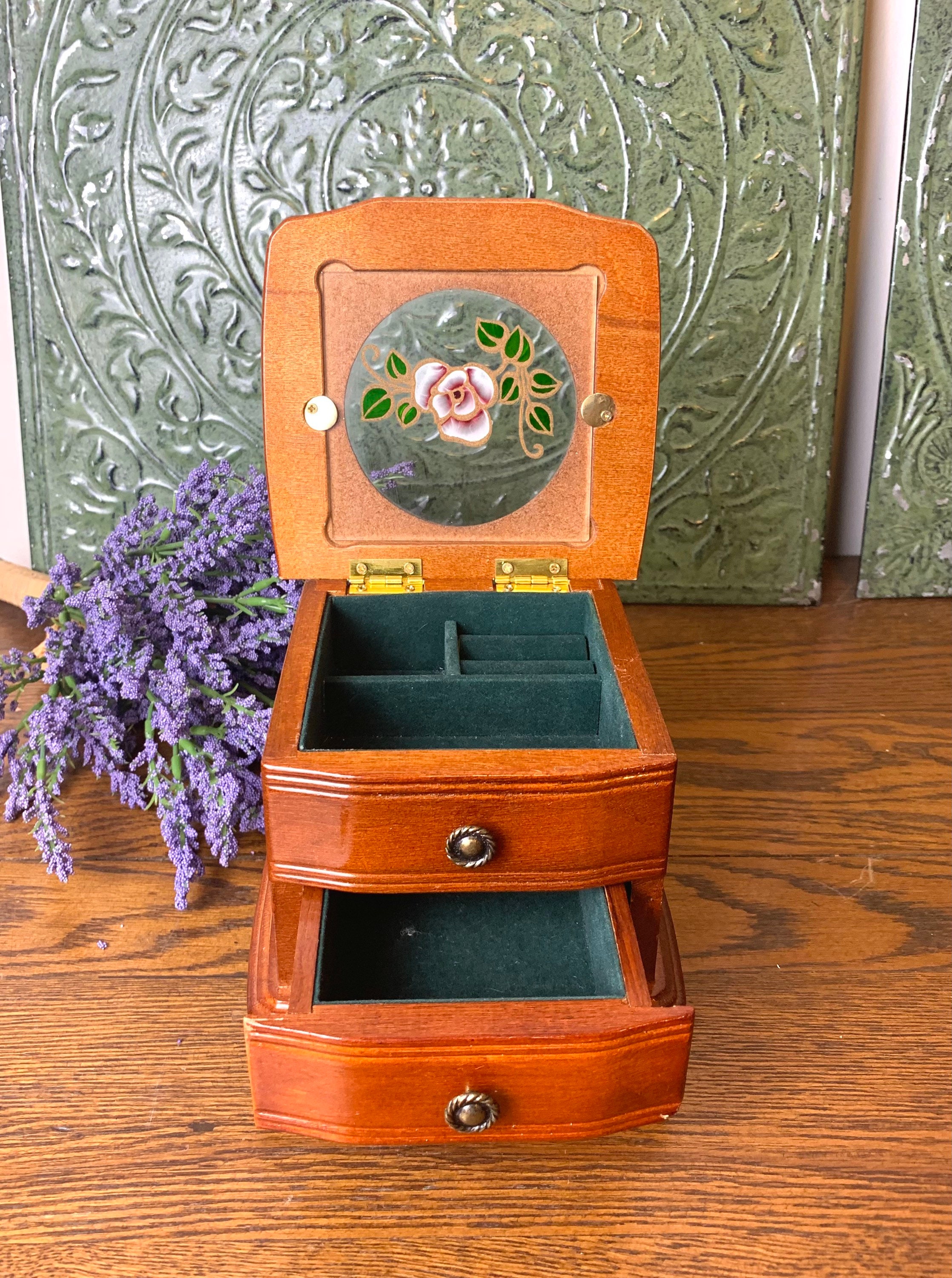 Vintage Small Wooden Jewelry Box With Painted Flower Window Etsy