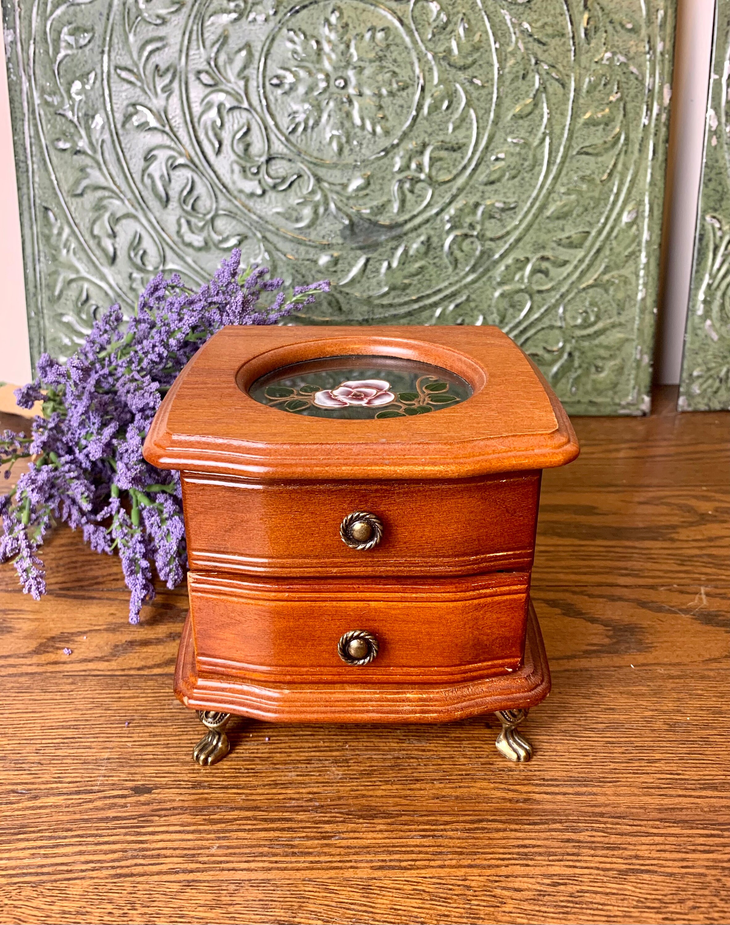 Vintage Small Wooden Jewelry Box With Painted Flower Window Etsy