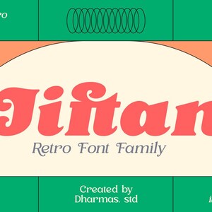 Könnte beinhalten: Eine Retro-Schriftfamilie namens "Jiftan" mit 12 Schriftstilen. Die Schrift wird in einer großen, fetten, roten Farbe auf einem cremefarbenen Hintergrund angezeigt. Der Text "Serif Retro Family" und "Retro Font Family" wird ebenfalls im Bild angezeigt. Die Schrift ist in lateinischer und kyrillischer Schrift verfügbar.