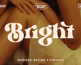 May include: A white retro font design with the word "Bright" in a stylized, rounded font. The text is set against a background of a person's legs and a white skirt.