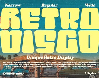May include: A retro-style font called "Retro Disco" in three different widths: narrow, regular, and wide. The font is yellow and outlined in white, set against a blue background with a vintage car wash scene.