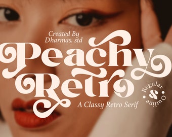 May include: Peachy Retro font with a classy retro serif style. The font is white and the text says "Peachy Retro Regular & Outline".