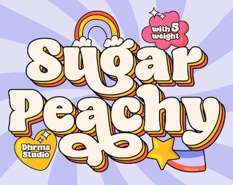 May include: A retro-style font design called "Sugar Peachy" with a rainbow, a star, and a heart with the text "Dhrms Studio" in yellow. The text "with 5 weight" is in a pink cloud.