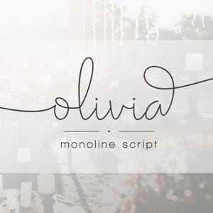 May include: A black and white image of the word "olivia" written in a cursive script font. The text "monoline script" is written below the word "olivia".