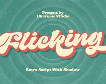 May include: A retro-style font design called "Flicking" with a red and white color scheme. The text is set against a green background with concentric circles. The text reads "Present by Dharmas Studio" and "Retro Script With Shadow".