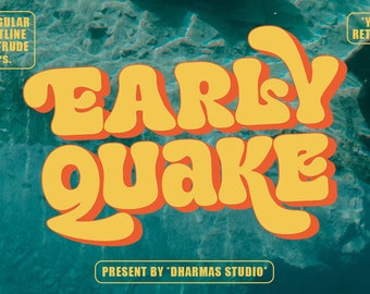 May include: A retro-style font design called "Early Quake" in yellow and orange with a 3D effect. The text is set against a blue and green background. The text "Present by 'Dharmas Studio'" is at the bottom of the image. The text "Regular Outline Extrude Vers." is in the top left corner. The text "Y2K Retro" is in the top right corner.