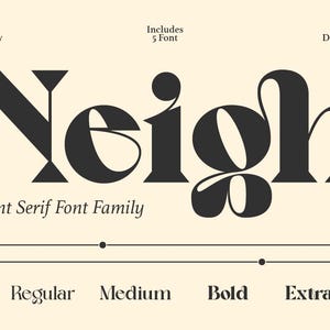 Könnte beinhalten: Ein Bild, das die Schriftfamilie "Neigh" zeigt, eine elegante Serifen-Schriftart. Das Design umfasst fünf Schriftarten, von dünn bis extra fett, mit einer visuellen Darstellung der Schriftstärken. Der Text "Elegant Serif Font Family" wird ebenfalls angezeigt.