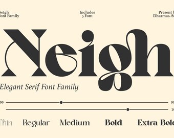 May include: An image showcasing the "Neigh" font family, an elegant serif font. The design includes five fonts, ranging from thin to extra bold, with a visual representation of the font weights. The text "Elegant Serif Font Family" is also displayed.