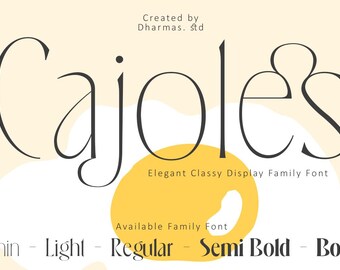 May include: A graphic design featuring the word "Cajoles" in a stylish, elegant font. The design includes the text "Elegant Classy Display Family Font" and font weights: Thin, Light, Regular, Semi Bold, and Bold. The background is a light yellow.