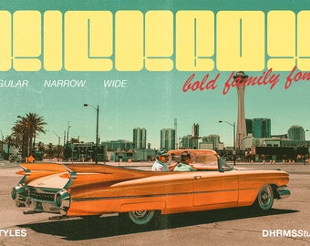 May include: A retro-style font called "LICK" in yellow with three different styles: regular, narrow, and wide. The font is displayed above a vintage orange convertible car driving down a city street. The text "bold family font" is written in red cursive above the car.