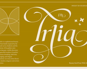 May include: A mustard-colored graphic with the text "Dh Irlia" in an elegant, flowing font. The image also includes the text "PRESENT BY DHARMAS. STD" and a description of the font family, which is inspired by nature and suitable for branding.