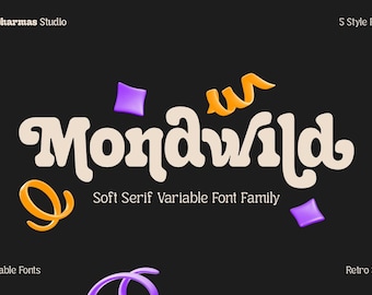 May include: A graphic design featuring the word "Mondwild" in a soft serif font, with decorative orange and purple elements on a black background. Text includes "Soft Serif Variable Font Family" and "Retro Style".