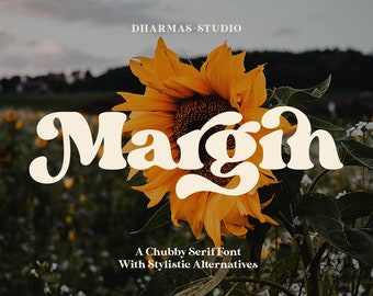 May include: A white font called "Margin" with a retro, rounded style is displayed against a background of a field of sunflowers. The text reads "A Chubby Serif Font With Stylistic Alternatives".