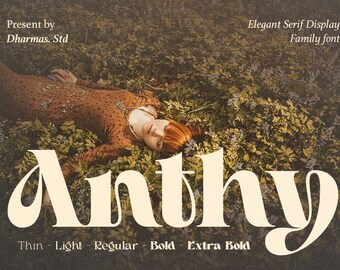 May include: Anthy font family in a cream color on a brown background with a woman lying in a field of green and yellow flowers. The font styles are Thin, Light, Regular, Bold, and Extra Bold.