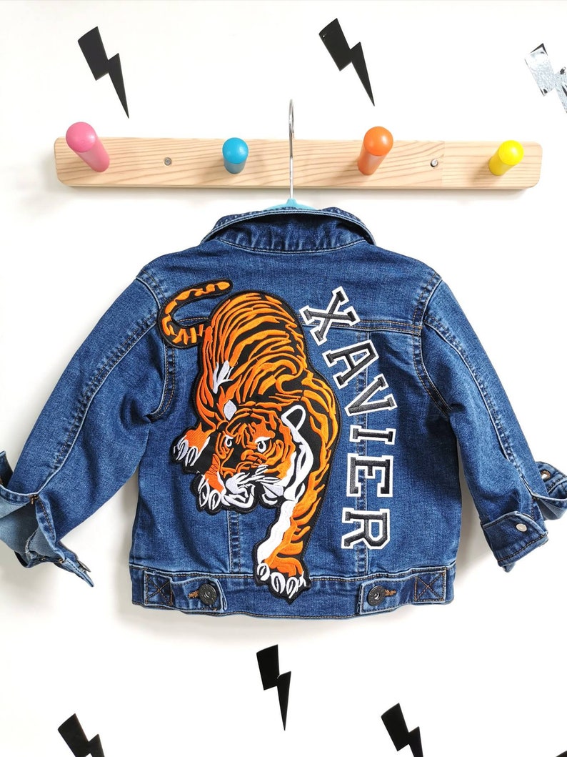 Personalised kids Tiger Denim jacket Personalised Childrens | Etsy