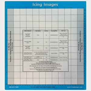 May include: A blue and white gridded mat with the text "Icing Images" at the top. The mat has a chart with the headings "Edible Material", "Dust Setting", "Adhesive", "Housing Guide", and "Mail Type". The chart has a list of edible materials, including "Icing Images", "Premium Icing Sheets", "Wafer Paper", "Fondant/Gumpaste/Modeling Chocolate", "Safe Icing Sheets", and "Safe Silk Screen Sheets". The mat also has the text "Do Not Put Fondant/Gumpaste/Modeling Chocolate in this area." at the bottom.