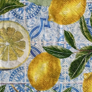 Individual Napkin ~ Lemons on Blue Tiles