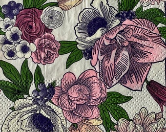 Individual Napkin ~ Flowers on Cream Background