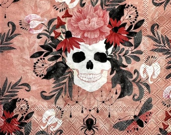 Individual Napkin ~ Skull with Pink Flowers
