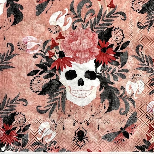 Individual Napkin ~ Skull with Pink Flowers