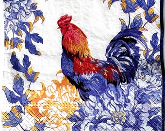 Individual Napkin ~ Rooster with Blue Florals