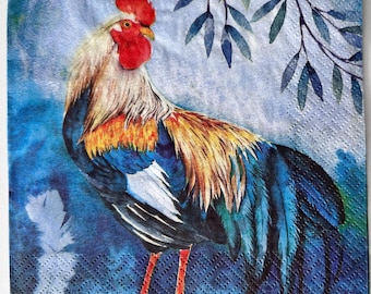 Individual  Napkin ~ Rooster on Blue