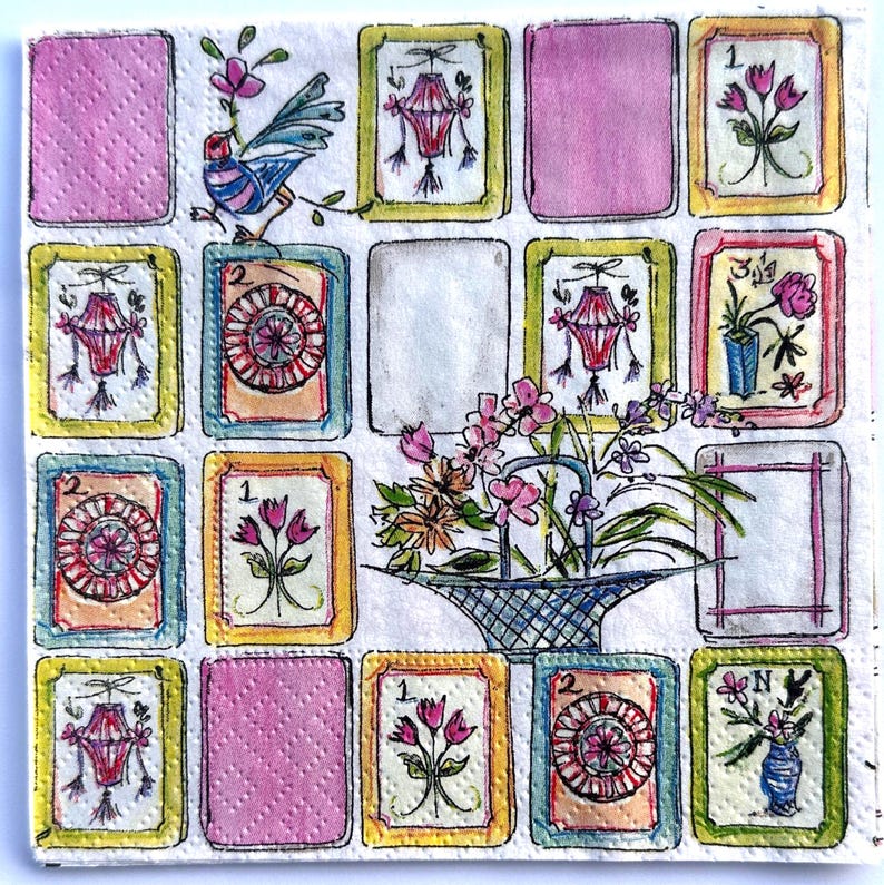 May include: Square paper napkin with a repeating pattern of framed illustrations and pink textured squares. The illustrations include a bird, lanterns, flowers, and a basket of flowers. The color palette is soft, with pink, yellow, blue, and green.