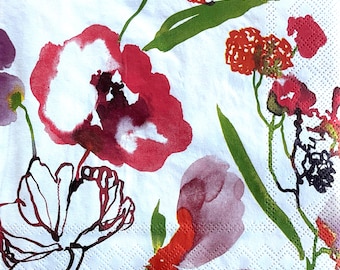 Individual Napkin ~ Watercolor Flowers (Red, Purple, Green)