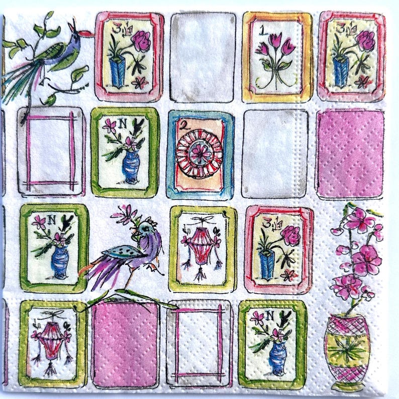 May include: White paper napkin with a repeating pattern of framed illustrations. The illustrations include flowers in vases, birds, and decorative lanterns in pink, blue, green, and yellow.