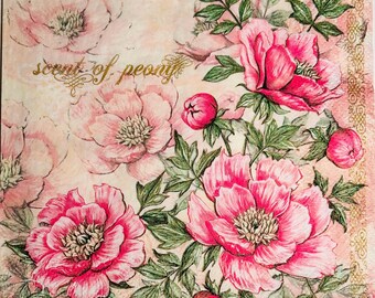 May include: A square, floral design featuring large, pink peonies with green leaves and buds. The words "scent of peony" are written in gold script. The background is a soft, light pink with a decorative gold border.