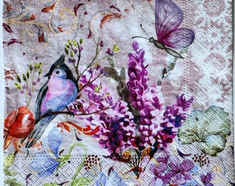 Individual Napkin ~ Bird with Purples