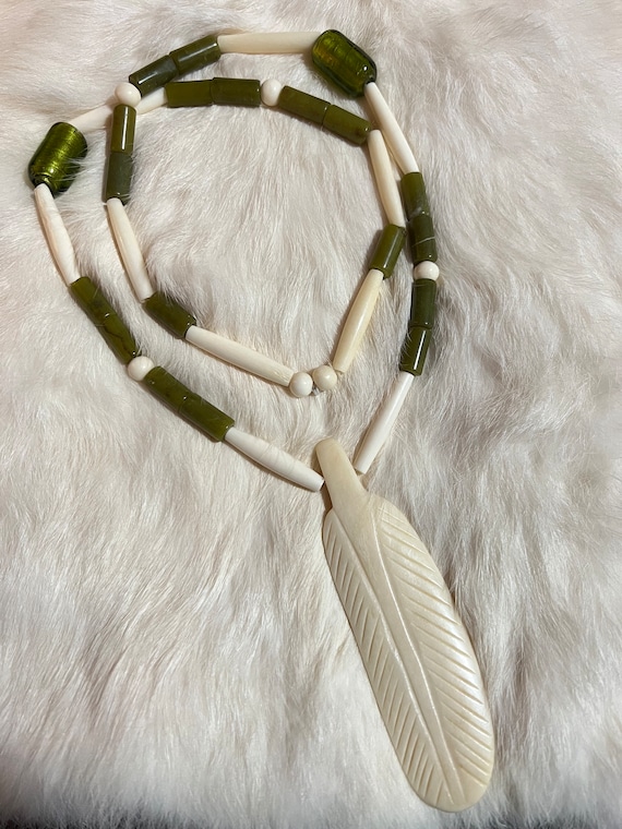 Feather Pendant Carved Bone and Green Glass Neckla