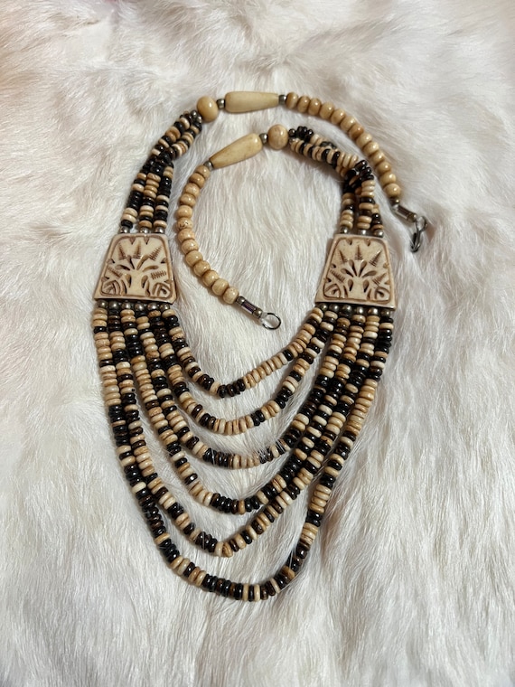 Tribal Style Multi-Strand Dyed Carved Bone Necklac