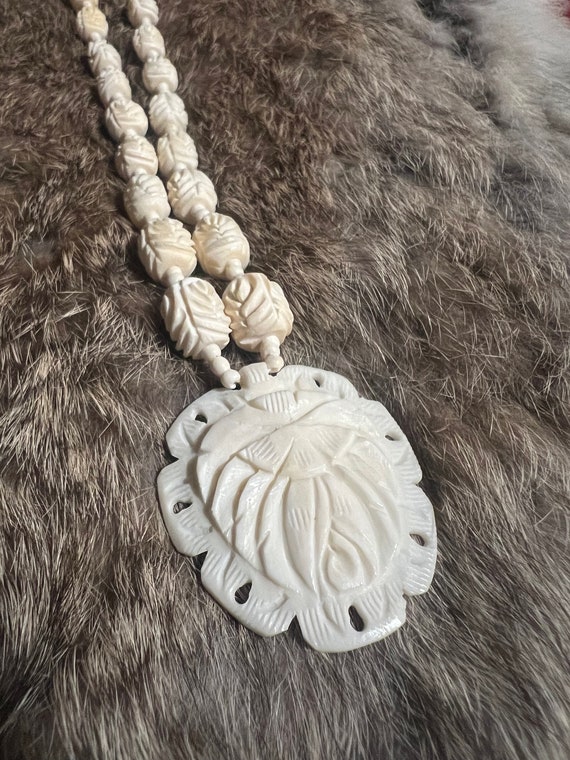 Flower Pendant Carved Bone Necklace Antique Vinta… - image 2