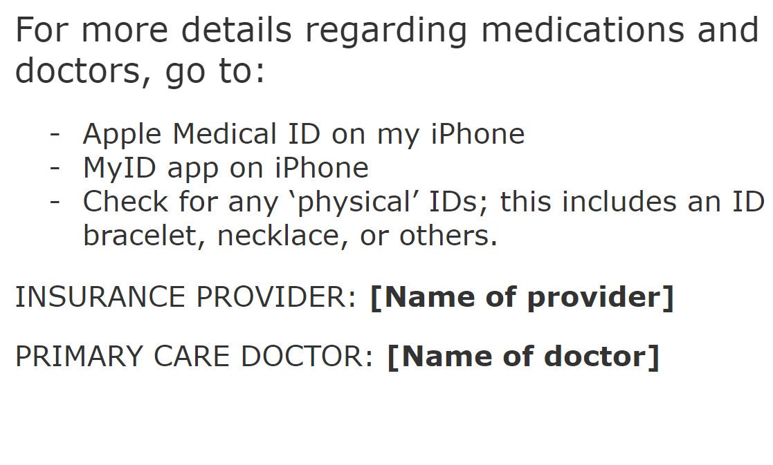 Medical Emergency Information Sheet Digital | Etsy